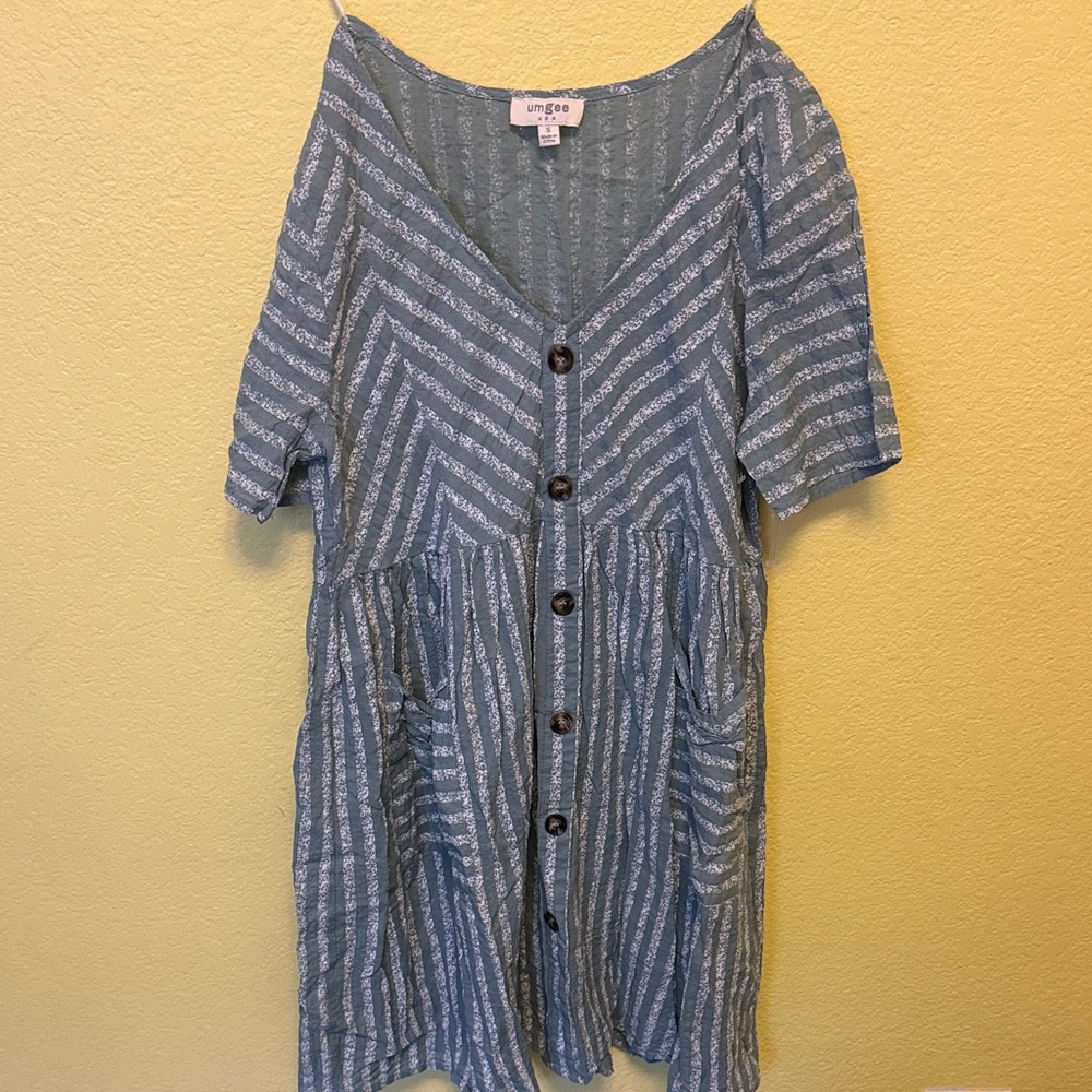 Umgee Light Blue and White Striped Button-Front Casual Dress